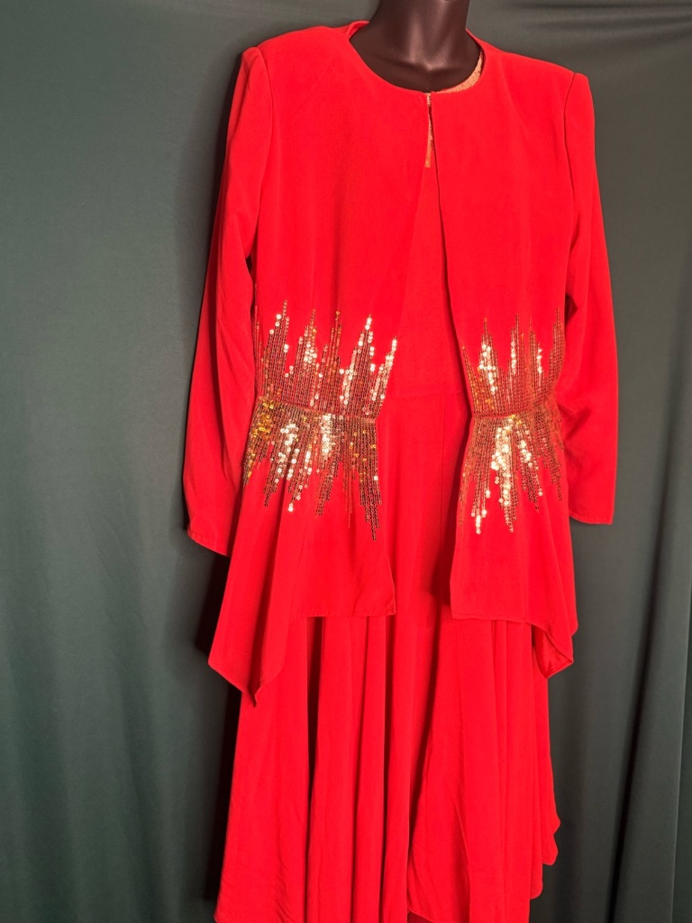 Beautiful orange Women's Sequin-Gold Embellished evening dress with jacket.